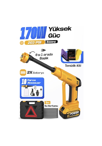 Auhma Acr-10 Şarjlı Araç Yıkama Makinesi Sarı 203 Psı 170w Basınçlı Oto Yıkama Seti 3820 Fırçasız