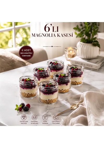 6'li Magnolia Kasesi Cam Tatlı Ve Servis Kasesi Seti Şık, Dayanıklı Cam Kase 300ml Diğer