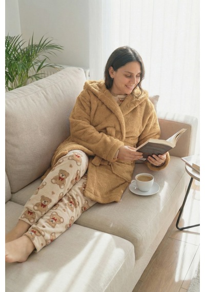 Kapüşonlu Wellsoft Sabahlık & Peluş Bornoz - Yumuşak, Polar Unisex Sabahlık Karamel