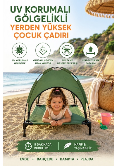 Reyo Oxford Uv Korumalı Gölgelikli Çadır, Plaj, Kamp, Bahçe Oyun Çadırı, Yerden Yüksek Uyku Çadırı 83x62x80 Cm Yeşil