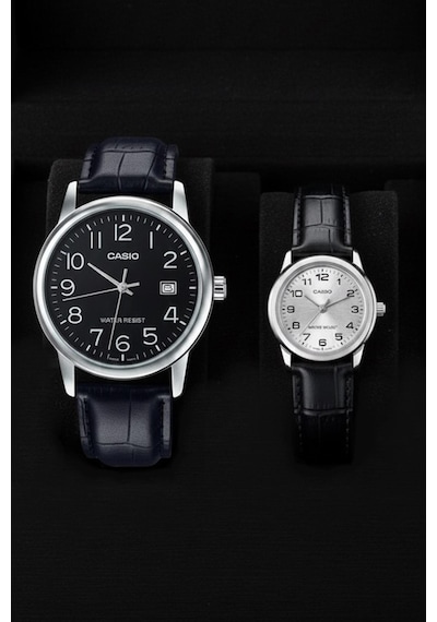 Casio Ltp-v002l-7budf-mtp-v002l-1budf Çift Saat Seti Siyah Deri Kordon Erkek Kadın Kol Saati Gri