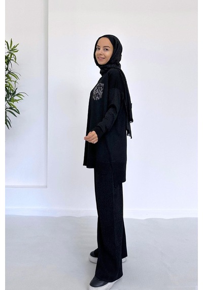 Kahijab Taşlı Cep Merserize Takım - Siyah