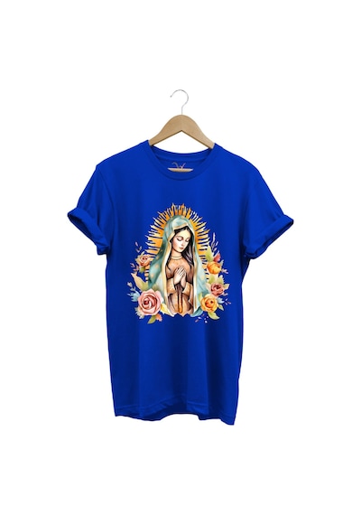 Renkli Meryem Ana Baskılı %100 Pamuk Regular Fit Bisiklet Yaka Mavi T-shirt Mavi