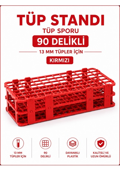 Tüp Standı - Laboratuvar Tüp Sporu - 90 Delikli- 13 Mm Tüpler İçin - Kırmızı
