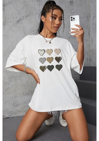 Unisex Kalp Baskılı T-shirt Beyaz