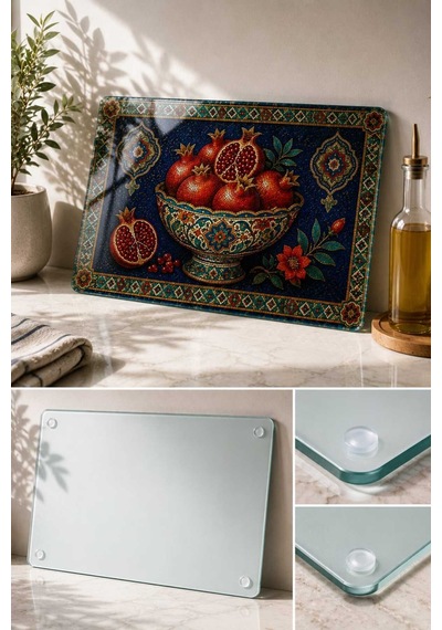 Gökçeoğlu Cam Kesme Tahtası Otantik Nar Motifi Temalı - Cam Kesme Tablası 30cm X 40cm Çok Renkli