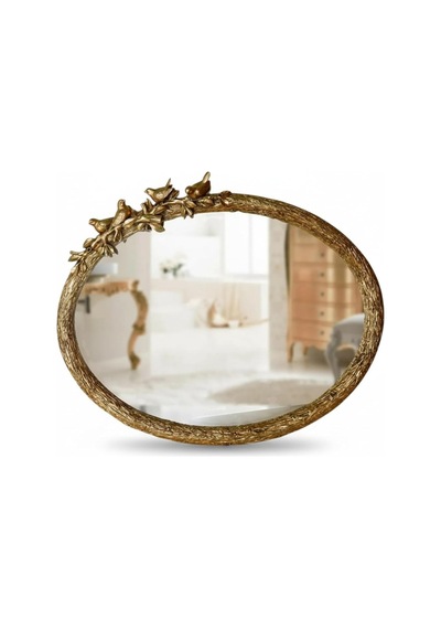 Kuş Figürlü Dekoratif Duvar Aynası Ağaç Dalı Tasarım Oval Ayna, Salon Antre İçin Şık Ayna Altın Diğer