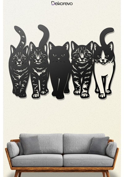 Kedi Çetesi Beşli Kedi Silüeti Metal Duvar Dekoru - Metal Duvar Sanatı - Siyah - 50 X 35 Cm