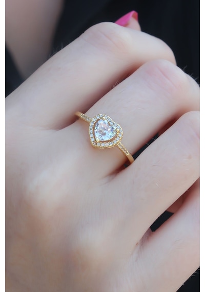 Gold Renk Zirkon Taşlı Kalp Model Charm Pirinç Kadın Yüzük Diğer