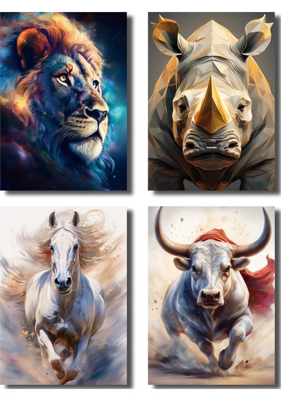 Çerçevesiz Poster 4 Adet Aslan,at,boğa,gergedan Dijital Baskılı Hayvanlar, Çerçeve,tablo İçin Poster