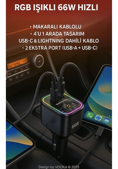 66w Araç Şarj Adaptörü Type-c + Lightning Makaralı Kablo, Usb + Type-c Girişli, Hızlı Şarjlı
