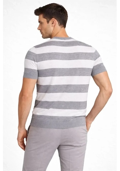 Vexor Erkek T-shirt Çizgili Triko Dokuma Bisiklet Yaka Tişört - Gri