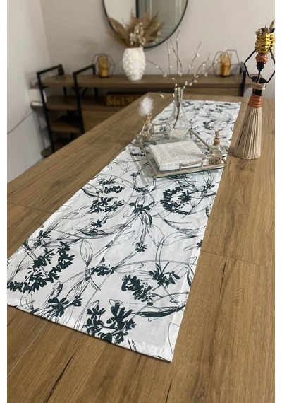 40x150 Yeşil Çiçekli İnce Keten Dekoratif Runner