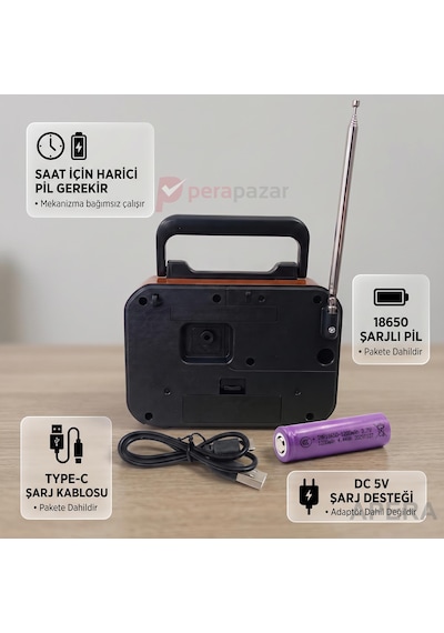 Nns Ns-7116bt Nostaljik Ahşap Görünümlü Bluetooth Radyo Saatli 1200mah Şarjlı Kamp Ve Ev Tipi Müzik Çalar Kahve