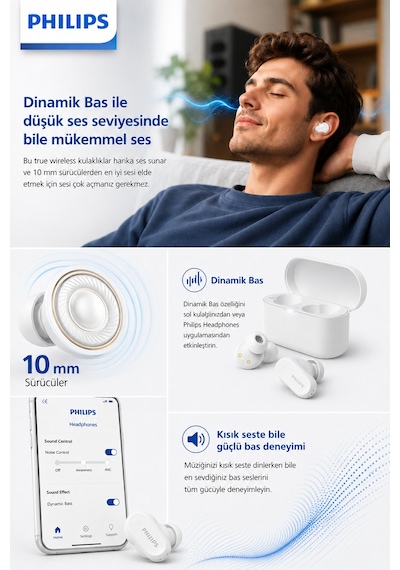 Philips Tat3509wt/00 True Wireless Bluetooth Kulaklık, Anc Pro 24 Saat Pil Bluetooth 5.3 Ipx4, Beyaz