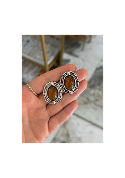 Vintage Model Metal Çerçeveli Küpe Kahverengi
