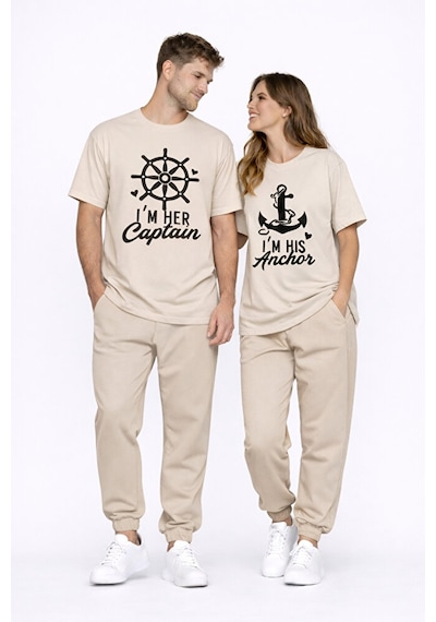 Sevgili Kombini Oversize Çift Tişört Unisex Captain Anchor Baskıl Bej