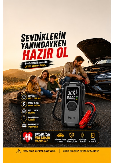 Akü Takviye Lastik Şişirme Pompası Powerbank Led Işıklı Dijital Gösterge Gerçek 8.000 Mah