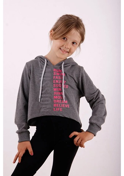 Toontoy Kız Çocuk Relax Fit Kapüşonlu Baskılı Crop Sweatshirt - 2 İplik Antrasit