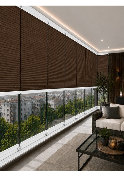 Plise Perde Kahverenk Kumaş + Beyaz Profil Kasa Cam Balkon Perdesi