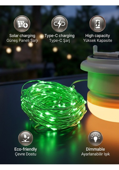 Güneş Enerjili Kamp Feneri 10 Metre Ledli Rgb 4 Işık Modlu Asılabilir Piknik Acil Durum Solar Feneri -
