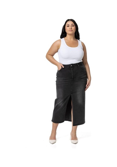 Disentis Büyük Beden Önden Yırtmaç Detaylı Beş Cepli Midi Denim Siyah Etek-siyah Siyah