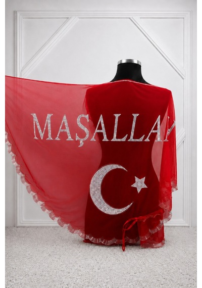 Azra Kına Kırmızı Ayyıldızlı Maşallah Pullu Örtü, Sünnet, Mevlid Töreni, Sünnet Omuz Örtüsü Sünnet Şalı, Kına Örtüsü