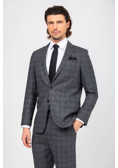 Erkek Gri Regular Fit Ekose Desenli Takım Elbise