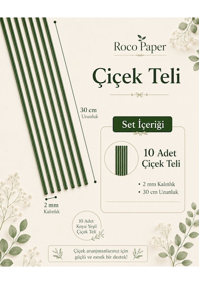 Pvc Plastik Kaplı Yeşil Çiçek Teli 2 Mm - 30 Cm, 10 Adet Bitki Sabitleme, Hobi Ve Aranjman Teli Koyu Yeşil