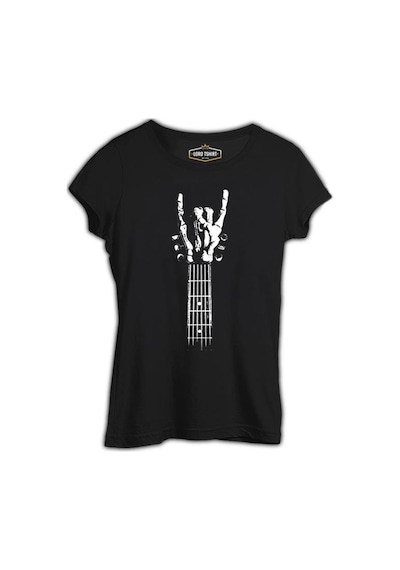 Skeleton Hand Doing Rock Sign On Guitar Siyah Kadın Tshirt 001