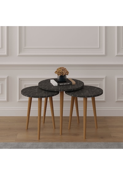 Asra Trend 3'lü Yuvarlak Zigon Sehpa Takımı SEHPA01 %100 MDF Ahşap Ayaklı Royal Mermer