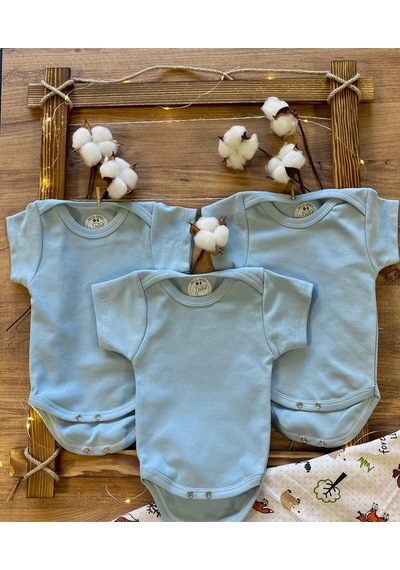Betül Bebek Kısa Kollu 3'lü %100 Organik Pamuk Çıtçıtlı Bebek Body & Zıbın 3adet Mavi