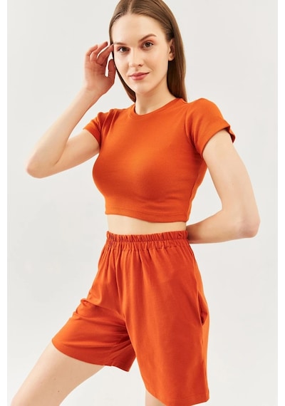 Butikgiz Kadın Kısa Kol Bisiklet Yaka Vücuda Oturan %100 Pamuklu Kaşkorse Esnek Crop Bluz Kiremit