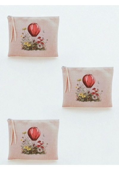 Uçan Balon Baskılı 3'lü Makyaj Çantası 20x25 Cm - Büyük Makyaj Çantası