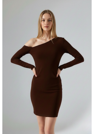 Zedefx Kadın Tek Omuz Bodycon Elbise Kahverengi