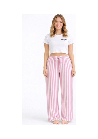 Viskon Pamuklu Kadın Pudra Pembe Çizgili Pijama Pantolon - Mg004 - Mudanis