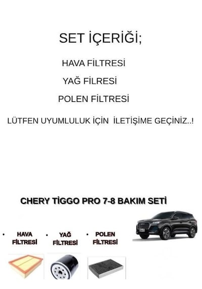 Chery Tiggo 7-8 Pro, Omoda 5 22 Benzinli Motorlar İçin Bakım Seti 3Lü - Hava + Yağ F. + Polen Chery Tiggo 7-8 Pro, Omoda 5 22 Benzinli Motorlar İçin Bakım Seti 3Lü - Hava + Yağ F. + Polen