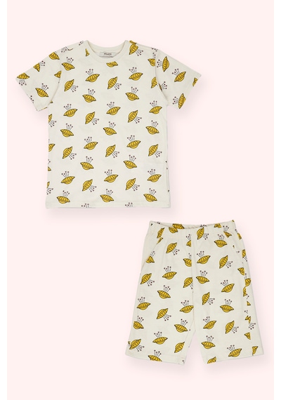 Panço Erkek Çocuk Desenli Şortlu Bej Pijama Takımı Krem