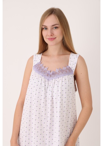 Yasar Underwear Kadın Dantelli Geniş Askılı Desenli Uzun Gecelik Lila Lila