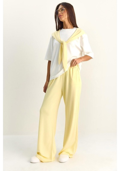 Shade Kadın Şal Detaylı Basic T-shirt Beli Lastikli Bol Pantolon Alt-üst Modal Takım 4116 60286084 - Sarı-beyaz Çok Renkli
