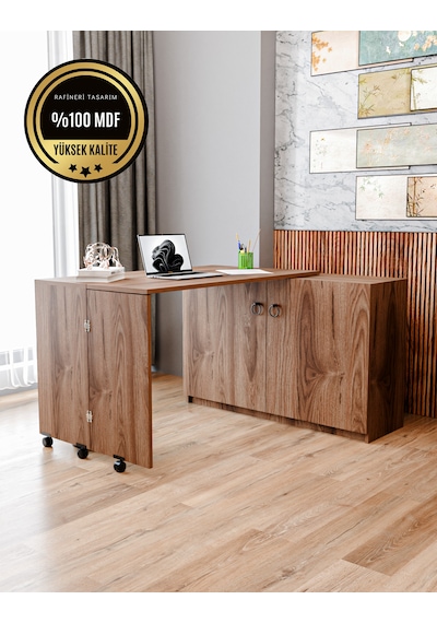 Rafineri Flor Çalışma Masası Dolaplı Açılır Katlanır Masa Mdf Ceviz