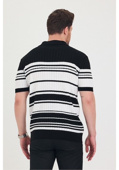 Tarz Cool Erkek Polo Çizgi Detaylı Triko T-shirt Siyah