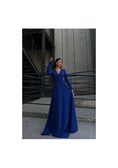 DefyModa Kadın Krep Kumaş Kruvaze Yaka Yırtmaçlı Maxi Abiye Elbise Saks