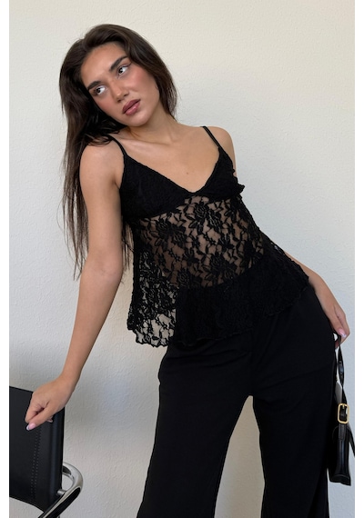 Madmext Siyah Askısı Ayarlanabilir Dantelli Bluz Mg2348