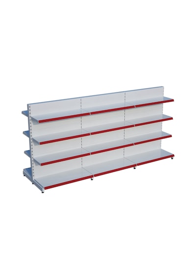 Beyaz Metal Çift Yönlü Orta Reyon 4 Katlı 3'li Birleşik Market Raf Sistemi Market Rafı G270cm Yükseklik H140 Cm Kırmızı