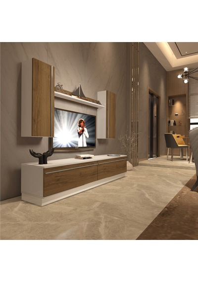 Decoraktiv Eko 5db Mdf Std Tv Ünitesi Tv Sehpası - Beyaz Pera Beyaz - Meşe