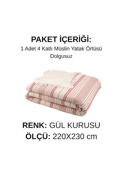 Natura Soft Ekru 4 Kat Müslin Çift Kişilik Yatak Örtüsü 220x230 Cm %100 Pamuk Çok Amaçlı Koltuk Örtüsü Ve Tv Battaniyesi Gül Kurusu