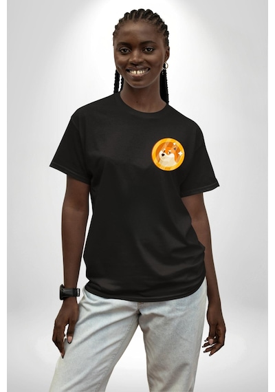 Doge Coin Siyah Oversize Unisex Ön Sol Yan Minimal Baskılı Tişört Koyu Siyah