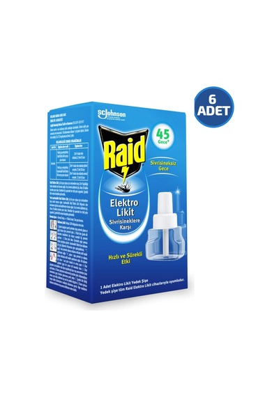 Raid Isıtıcı Cihaz İçin Yedek Sıvı Şişe Sivrisinek 45 Gece 27,4 Ml 6'lı Paket