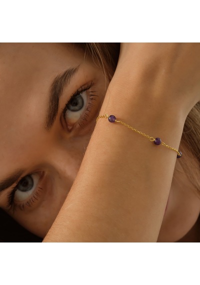 Queen Silver Jewelry 925 Ayar Gümüş Örme Ametist Doğal Taş Bileklik Altın